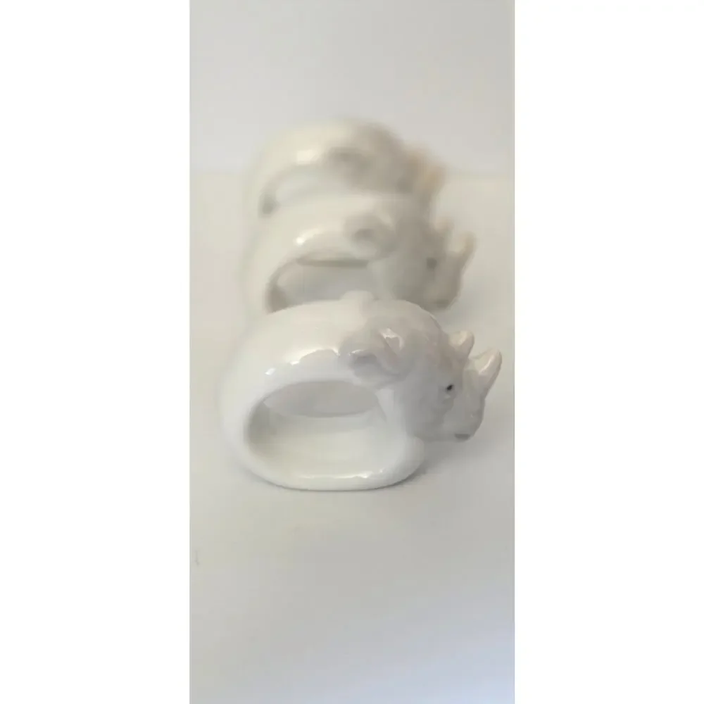Set of 6 White Ceramic 3D Rhino Napkin Rings Holders, Animal Theme
